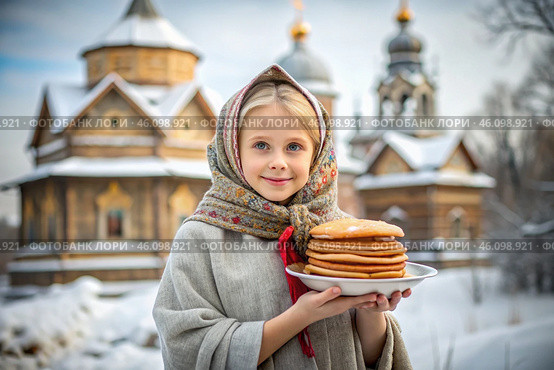 Russian traditions. Russian holiday Maslenitsa. Portrait of a girl in a Russian folk dress and a scarf with pancakes in her hands against the background of an Orthodox church. Стоковое AI-изображение, AI-художник Photojuli / Фотобанк Лори