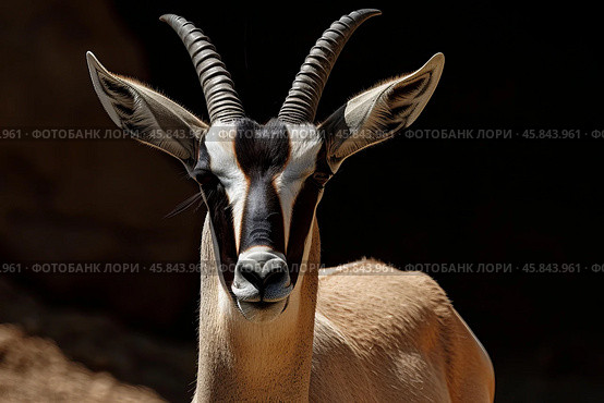 Sable antelope standing in the dark with large ears and horns. Стоковое AI-изображение, AI-художник Иван Рябоконь / Фотобанк Лори