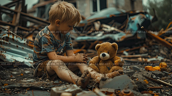 Sad child in destroyed city during war. Стоковое AI-изображение, AI-художник Ярославский Максим / Фотобанк Лори
