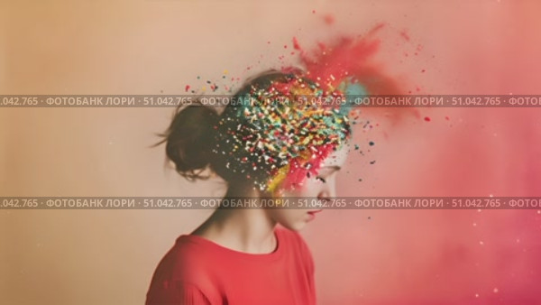 Sad woman sits with colorful sprinkles covering her entire head, creating a fun and whimsical look. Стоковое AI-видео, аниматор Данила Большаков / Фотобанк Лори