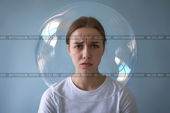 Sad woman with a transparent protective sphere around her head. Стоковое AI-изображение, AI-художник Дмитрий Киселёв / Фотобанк Лори