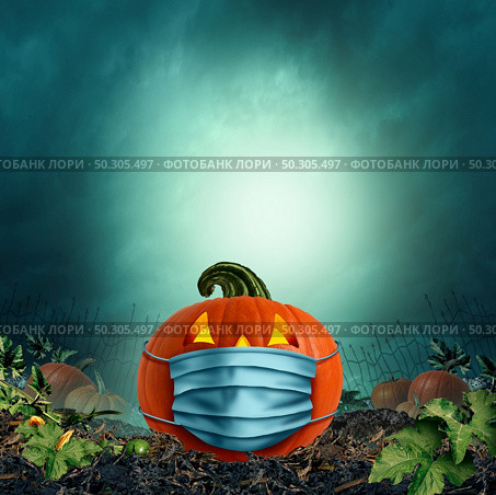 Safe Halloween face mask as a jack o lantern pumpkin wearing a medical face mask as an autumn symbol for disease control and virus infection and coronavirus or covid-19 safety in a 3D illustration style. Стоковое фото, агентство Ingram Publishing / Фотобанк Лори
