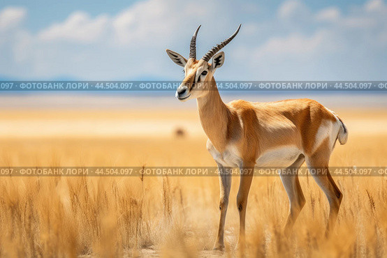 Saiga antelope in the steppe. Стоковое AI-изображение, AI-художник Veniamin Kraskov / Фотобанк Лори
