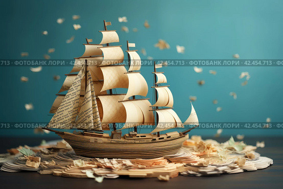 Sailboat made books old. Generate Ai. Стоковое AI-изображение, AI-художник Иван Рябоконь / Фотобанк Лори