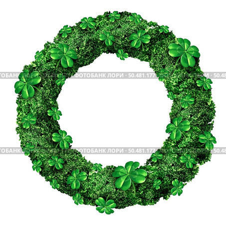 Saint Patricks Day Festive Wreath as a March celebration of Irish origin as a decorative green Holiday graphic element to celebrate St Patrick with 3D illustration elements. . Стоковое фото, агентство Ingram Publishing / Фотобанк Лори