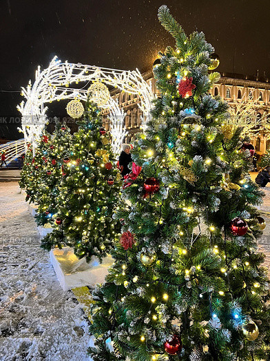 SAINT PETERSBURG, RUSSIA -December 25, 2023: Christmas and New Year holidays in Petersburg. View of festively decorated St. Isaac's Square with Christmas trees near Mariinskiy Palace at X-mas evening. Редакционное фото, фотограф Виктория Катьянова / Фотобанк Лори