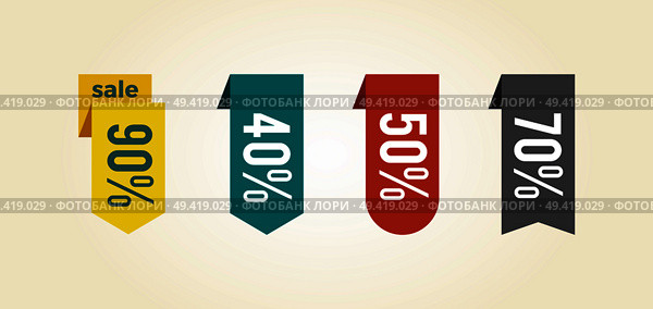 Sale clearance tags icon isolated on white background. Vector illustration with colorful different shaped signs with 40, 50, 70 and 90% discount values. Sale Clearance Tags Icon Vector Illustration. Стоковая иллюстрация, агентство Ingram Publishing / Фотобанк Лори