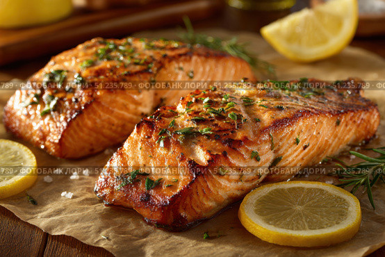 Salmon fillets with herbs, lemon juice, salt, pepper, rosemary, and olive oil on a grilling sheet, against a dark background. Two grilled salmon fillets on parchment paper. Golden-brown texture fish. Стоковое AI-изображение, AI-художник Марина Демидюк / Фотобанк Лори