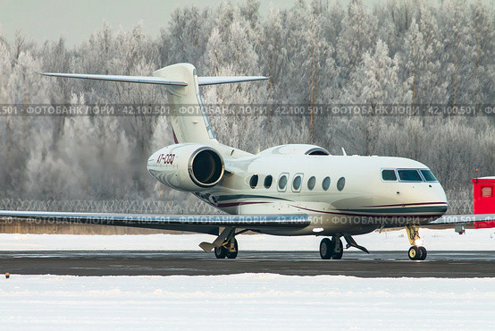 Самолет (бизнес джет) Gulfstream G-500 авиакомпании Qatar Executive на рулении в аэропорту Пулково зимой, на фоне покрытого белым инеем леса (2019 год). Редакционное фото, фотограф Сергей Крамарев / Фотобанк Лори