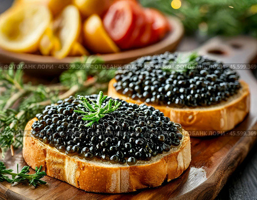 Sandwiches with black caviar. A beautiful and original snack for a festive table. Enjoy your meal! Стоковое AI-изображение, AI-художник Сергей Елизарьев / Фотобанк Лори
