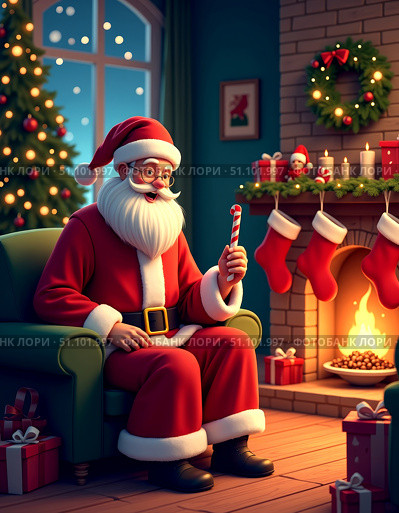 Santa claus relaxing by the fireplace with candy cane on a cozy christmas eve. Стоковое AI-изображение, AI-художник Сергей Бирюков / Фотобанк Лори