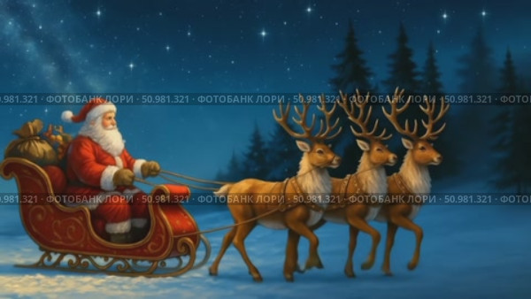 Santa Claus rides a sleigh pulled by reindeer through a snowy winter night. Стоковое AI-видео, аниматор Екатерина Усенко / Фотобанк Лори