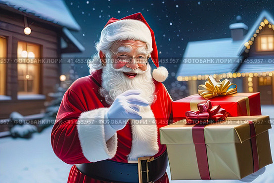 Santa with boxes of gifts against the backdrop of festive houses. AI generated image. Стоковое AI-изображение, AI-художник Галина Царькова / Фотобанк Лори