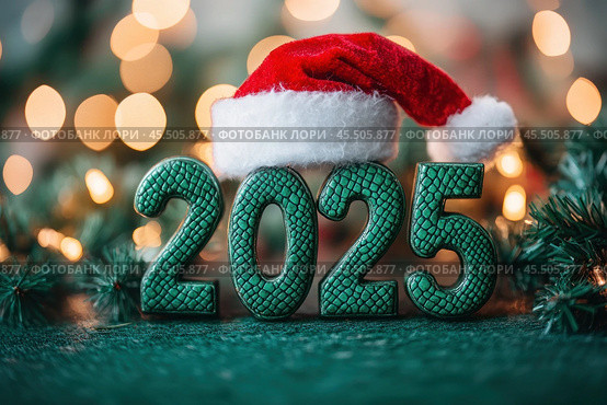 Santa's hat is on top of the numbers 2025. The figures are made of green snake skin on a festive background, symbolizing the New Year. High quality photos. Стоковое AI-изображение, AI-художник Ярославский Максим / Фотобанк Лори