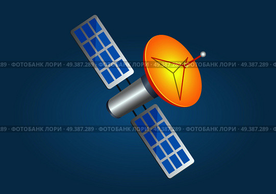 Satellites in cartoon style with yellow dish aerial on blue background. Wireless networks spread from Earth to space. Flying sputnik with dish antenna. Space symbol earth symbol flat design style.. Satellites in Cartoon Style with Yellow Aerial. Стоковая иллюстрация, агентство Ingram Publishing / Фотобанк Лори
