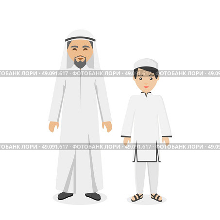 Saudi Arabia traditional clothes people. Arab traditional muslim, arabic man clothing, east arabian dress, ethnicity islamic face with beard, person father with son vector illustration. Стоковая иллюстрация, агентство Ingram Publishing / Фотобанк Лори