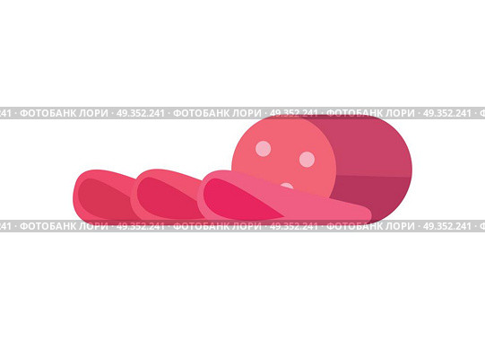 Sausage vector Illustration. Flat design. Fresh wurst with fat sliced on pieces. Picture for grocery shop, meat market, signboards, menu, logo, icons. Isolated on white background. . Sliced Sausage Vector Illustration in Flat Design . Sliced Sausage Vector Illustration in Flat Design . Стоковая иллюстрация, агентство Ingram Publishing / Фотобанк Лори