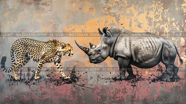 Savannah Showdown: Stealthy Cheetah Confronts Mighty Rhino. Стоковое AI-изображение, AI-художник Konstantin Plotnikov / Фотобанк Лори