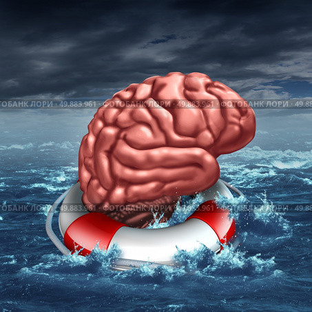 Saving your brain anf preserving memory and neurologial function as a lifesaver in the ocean saving the the human thinking organ as a health care and medical concept for cognitive therapy to help cure dementia autism or aging diseases. Стоковое фото, агентство Ingram Publishing / Фотобанк Лори
