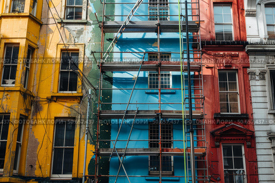 Scaffolding covering building during renovation in city center. Стоковое AI-изображение, AI-художник Иван Рябоконь / Фотобанк Лори