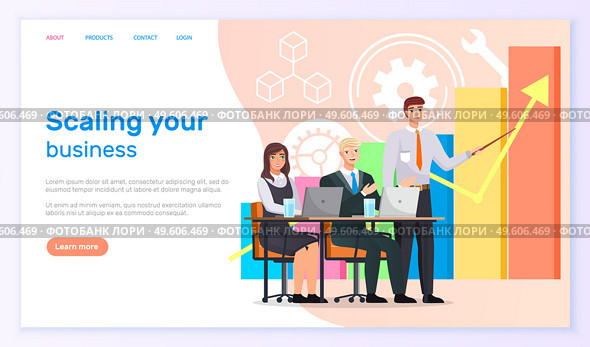 Scaling your business landing page template. Success, achievment, motivation banner webpage. Group of specialists develops a growth plan, concept with business people, graph columns and up arrow. Scaling your business landing page template. Group of specialists develops a growth plan. Стоковая иллюстрация, агентство Ingram Publishing / Фотобанк Лори