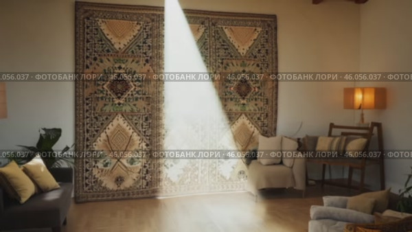 Scandinavian style apartment interior with sea view. Living room design with natural wood decor elements in boho style. Video 4k. Стоковое видео, видеограф ALLA YURTAYEVA / Фотобанк Лори