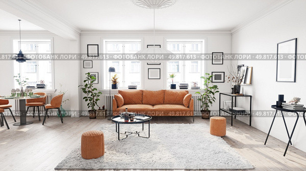 Scandinavian-style living room with orange sofa and framed artwork. 3d rendering.. Bright living room with orange sofa. Стоковое фото, агентство Ingram Publishing / Фотобанк Лори