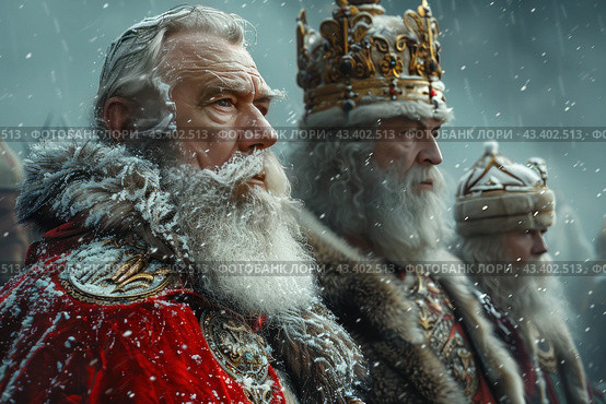 Scene against the backdrop of a winter landscape. Three men in rich clothes and crowns stand nearby, looking into the distance. The first man on the left has gray hair and a beard, his clothes are decorated with gold patterns and fur, and he wears a bright red robe. His beard and hair are covered in snowflakes, emphasizing the harsh winter conditions. The second man in the center is also gray-haired, on his head is a tall golden crown, decorated with precious stones, and his clothes are also decorated with fur. The third man, located a little further, wears a hat with fur and complex patterns on his clothes. The whole image conveys a sense of grandeur and power, as well as the severity of winter time. Snowflakes falling around add dynamics and atmosphere to the scene. Стоковое AI-изображение, AI-художник Анна Кривицкая / Фотобанк Лори