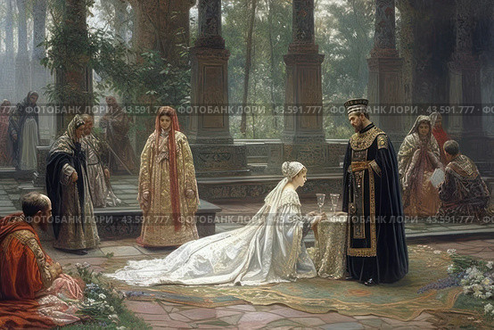 Scene from a medieval royal court. In the center of the picture, a young woman in a luxurious white dress, decorated with gold patterns, kneels before the king in a black robe with gold elements. Courtiers gathered around them, dressed in rich outfits with exquisite ornaments. The background of the scene is a decorated colonnade and a green garden, which gives the image an atmosphere of grandeur and solemnity. Стоковое AI-изображение, AI-художник Анна Кривицкая / Фотобанк Лори