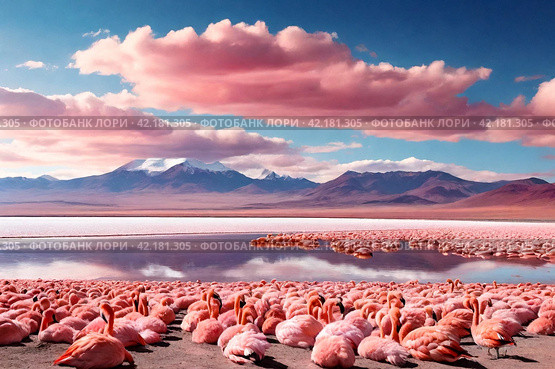 Scenery view of Laguna Colorada lake with pink chilean flamingos at Andes mountains background. Landscape photo of Bolivia in natural wilderness. Bolivian nature landmarks concept. Copy ad text space. Стоковое AI-изображение, AI-художник Aleksandr Golubev / Фотобанк Лори