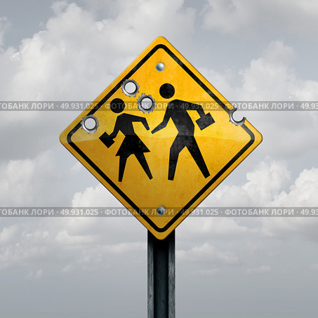 School gun violence concept as a shooting tragedy and horrific gunfire towards a student sign with bullet holes for a tragic violent event with 3D illustration elements. Стоковое фото, агентство Ingram Publishing / Фотобанк Лори