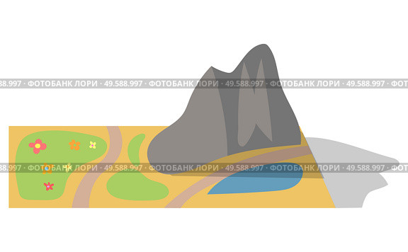 School project to create diorama. Mountain environment like natural with lake and hills, meadow and path. Landscape made by schoolchild for nature science lesson. Vector illustration in flat style. School Project Mountain Environment, Landscape. Стоковая иллюстрация, агентство Ingram Publishing / Фотобанк Лори