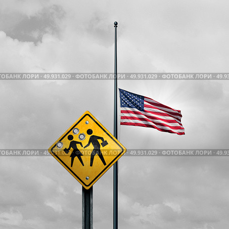 School shooting tragedy and horrific gunfire towards students as a sign with bullet holes with an american flag at half mast for a tragic violent event in the United States with 3D illustration elements. Стоковое фото, агентство Ingram Publishing / Фотобанк Лори