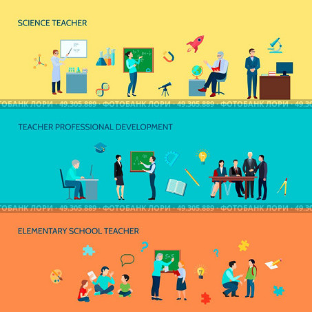 School Teacher Flat Banners Set . Elementary and secondary school teachers professional development 3 flat horizontal colorful background banners set isolated vector illustration . Стоковое фото, агентство Ingram Publishing / Фотобанк Лори