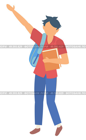 Schoolboy raising hand up vector, isolated personage holding books carrying satchel on shoulders. Character at school, education kid gesturing flat style. Back to school concept. Flat cartoon. High School Pupil, Modern Student Holding Book. Стоковая иллюстрация, агентство Ingram Publishing / Фотобанк Лори