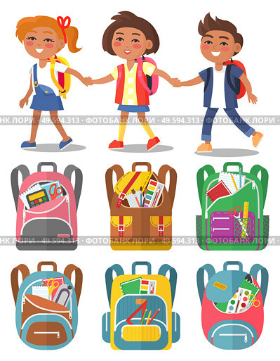Schoolkids hold hands and smiling. Children going with bagpacks after classes. Schoolbags full of school stationery vector illustration. Back to school concept. Flat cartoon. Schoolchildren Hold Hands, Backpacks with Supplies. Стоковая иллюстрация, агентство Ingram Publishing / Фотобанк Лори