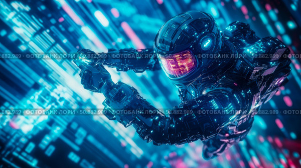 Sci-Fi Concept: Cybernetic Being Amidst Digital Circuitry. Стоковое AI-изображение, AI-художник Данила Большаков / Фотобанк Лори