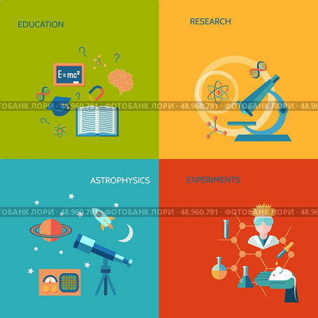 Science and research flat icons set with education research astrophysics experiments isolated vector illustration. Стоковая иллюстрация, агентство Ingram Publishing / Фотобанк Лори