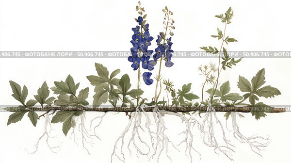 Scientific botanical illustration of a plant with root system and flowers. The image is made in watercolor technique, demonstrates the structure of the above-ground and underground parts of the plant, including leaves, flowers and roots. Suitable for use in educational materials, encyclopedias, educational projects, herbal and tincture packaging design, as well as in popular science publications. Стоковое AI-изображение, AI-художник Анна Кривицкая / Фотобанк Лори