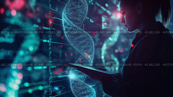 Scientist analyzing DNA data in a futuristic lab setting with vibrant digital displays. Стоковое AI-изображение, AI-художник Михаил Коханчиков / Фотобанк Лори
