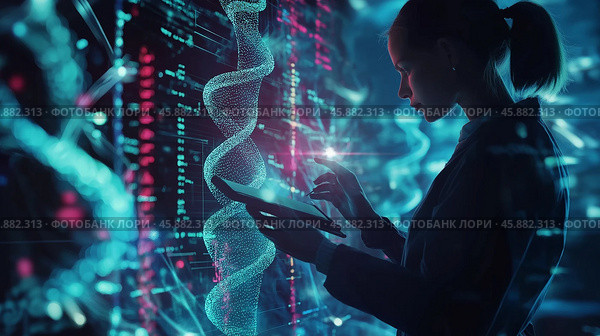 Scientist analyzing DNA data in a futuristic lab setting with vibrant digital displays. Стоковое AI-изображение, AI-художник Михаил Коханчиков / Фотобанк Лори