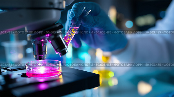 Scientist conducts experiment with colorful liquids under microscope in modern laboratory. Стоковое AI-изображение, AI-художник Сергей Толмачёв / Фотобанк Лори