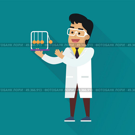Scientists Man at Work. Scientists man in white robe and glasses at work. Scientist physicist holding Newton s cradle. Scientists in lab. Science and technology development, scientific research, research. Science background. Стоковая иллюстрация, агентство Ingram Publishing / Фотобанк Лори