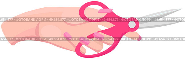 Scissors, tool made of blades and plastic handle isolated on white background. Equipment for creativity, cutting materials. Iron scissors in human hand. Sharp cutting tool, shears, clippers. Iron scissors in human hand. Tool made of blades and plastic handle isolated on white background. Стоковая иллюстрация, агентство Ingram Publishing / Фотобанк Лори