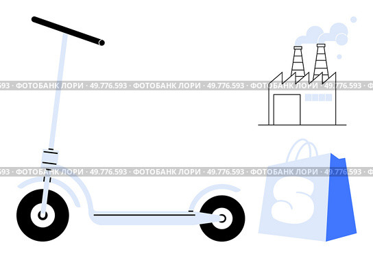 Scooter with factory emitting smoke and shopping bag. Ideal for sustainable transportation, urban mobility, environmental impact, shopping, and modern city life. Simple, clean, minimalist style. Urban Commute Eco-Friendly Scooter with Industrial and Shopping Elements. Стоковая иллюстрация, агентство Ingram Publishing / Фотобанк Лори