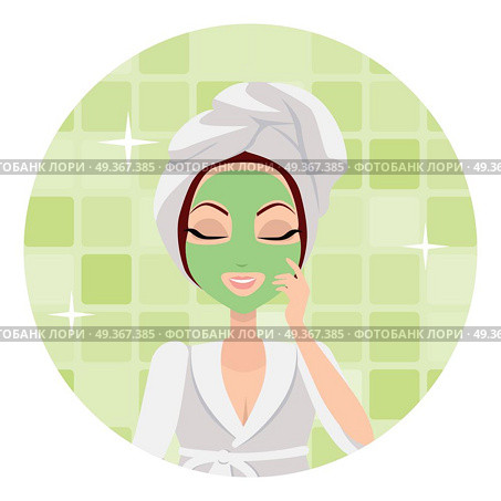 Scrubbing. Girl Applying a Face Scrub. Vector. Scrubbing. Girl applying a face scrub for a few minutes to eliminate dead skin cells. Woman instruction how to make up correctly. Girl cares about her look. Part of series of ladies face care. Vector. Стоковая иллюстрация, агентство Ingram Publishing / Фотобанк Лори