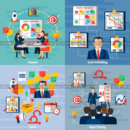 Scrum Agile 4 Flat Icons Square . Scrum agile iterative flexible software development framework for teamwork 4 flat icons square composition abstract vector illustration . Стоковая иллюстрация, агентство Ingram Publishing / Фотобанк Лори