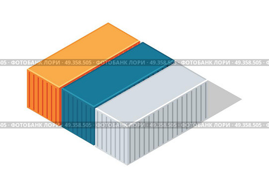 Sea Containers in Isometric Projection Vector. Sea containers vector. Isometric projection illustration. Line of different color metal containers for goods transportation on shops. For delivery company ad design, icons, games. Isolated on white. Стоковая иллюстрация, агентство Ingram Publishing / Фотобанк Лори
