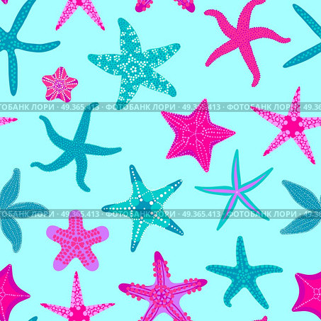 Sea stars seamless pattern. Marine and nautical backgrounds with starfishes. Starfish underwater invertebrate animal. Vector illustration. Sea stars seamless pattern. Marine and nautical backgrounds with starfishes. Starfish underwater invertebrate animal. Vector illustration. Стоковая иллюстрация, агентство Ingram Publishing / Фотобанк Лори