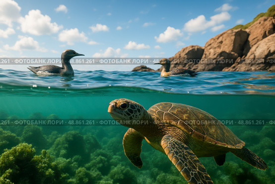 Sea turtle swimming in ocean with seabirds floating on surface, coral reef, tropical wildlife, harmony in nature, environmental awareness. Стоковое AI-изображение, AI-художник Павел Муравьев / Фотобанк Лори